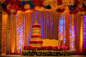 en färgrik bröllop kaka med blommor och lampor. ai-genererad foto