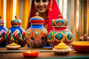 en kvinna i traditionell indisk Kläder är Sammanträde Nästa till färgrik vaser. ai-genererad foto