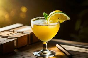 en cocktail med en skiva av citron- och en kanel pinne. ai-genererad foto