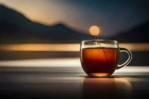 en kopp av te på en tabell med bergen i de bakgrund. ai-genererad foto