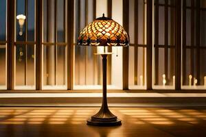 en lampa på en tabell i främre av en fönster. ai-genererad foto