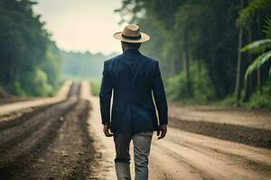 en man i en kostym och hatt gående ner en smuts väg. ai-genererad foto