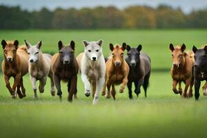 en grupp av hästar löpning i en fält. ai-genererad foto