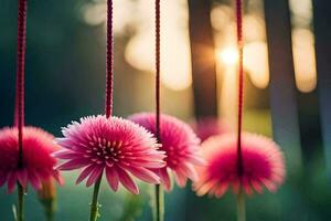 rosa blommor hängande från en sträng i de Sol. ai-genererad foto