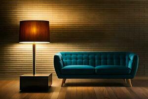 en blå soffa och lampa i främre av en tegel vägg. ai-genererad foto