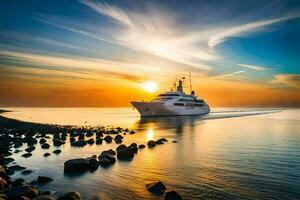 en Yacht segling i de hav på solnedgång. ai-genererad foto