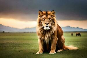 en lejon är Sammanträde i de mitten av en fält. ai-genererad foto
