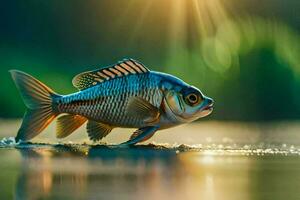 en fisk är stående på de vatten med de Sol lysande. ai-genererad foto