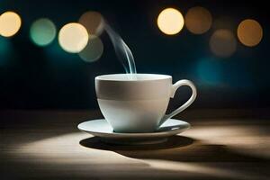 en kopp av kaffe på en tabell med bokeh lampor. ai-genererad foto
