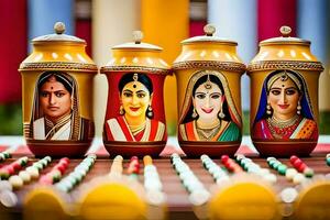 tre färgrik burkar med indisk kvinnor målad på dem. ai-genererad foto