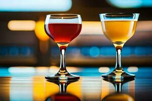 två glasögon av vin på en bar. ai-genererad foto