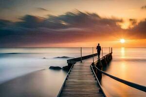 en man stående på en pir på solnedgång. ai-genererad foto
