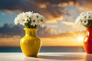 två vaser med vit blommor på en tabell i främre av de hav. ai-genererad foto