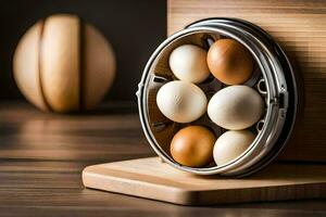 en panorera full av ägg på en trä- tabell. ai-genererad foto