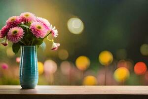 en vas med rosa blommor på en tabell i främre av en suddig bakgrund. ai-genererad foto