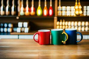 tre färgrik kaffe muggar på en trä- tabell. ai-genererad foto