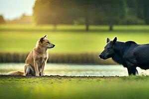 en hund och en häst stående Nästa till varje Övrig. ai-genererad foto