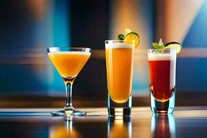 tre annorlunda cocktails är visad på en tabell. ai-genererad foto