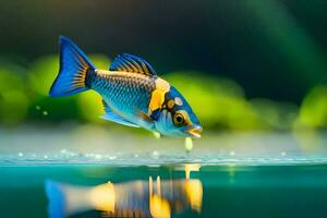 en fisk med en blå och gul kropp är simning i de vatten. ai-genererad foto
