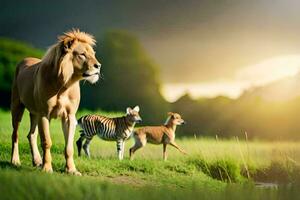 en lejon och två zebra stående i de gräs. ai-genererad foto