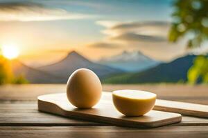 två ägg på en trä- tabell med en berg i de bakgrund. ai-genererad foto
