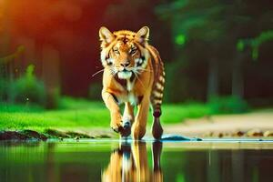 en tiger gående tvärs över de vatten i de skog. ai-genererad foto