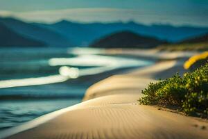 de strand, sand, berg, vatten, grön, växter, hd tapet. ai-genererad foto