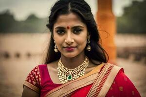 en skön indisk kvinna i en röd sari. ai-genererad foto