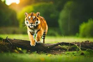 en tiger gående tvärs över en fallen logga. ai-genererad foto