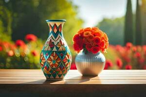 två vaser med blommor på en tabell. ai-genererad foto
