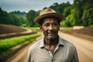 ett afrikansk amerikan man i en hatt stående i en fält. ai-genererad foto