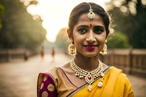 en kvinna i en gul sari med guld Smycken. ai-genererad foto
