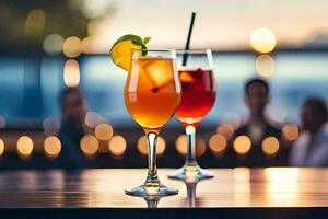 två glasögon av cocktails på en bar. ai-genererad foto