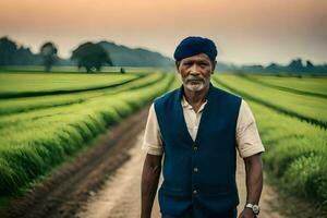 ett äldre man i en turban gående genom en ris fält. ai-genererad foto