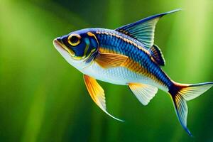 en fisk med blå och gul Ränder är simning. ai-genererad foto