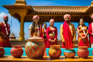 en grupp av indisk människor stående i främre av färgrik krukor. ai-genererad foto
