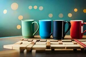 färgrik kaffe koppar på en trä- tabell. ai-genererad foto