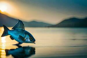 en fisk är stående på de vatten på solnedgång. ai-genererad foto