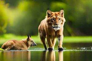 lejon och hund gående i vatten. ai-genererad foto