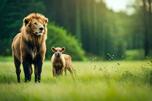 en lejon och en bebis i en fält. ai-genererad foto