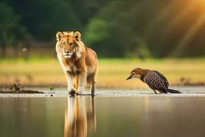 en lejon och en fågel promenad tvärs över en sjö. ai-genererad foto