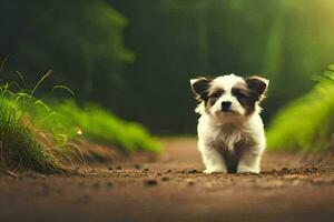 en små hund är gående på en smuts väg. ai-genererad foto