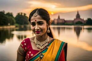 en skön indisk kvinna i en sari poser för de kamera. ai-genererad foto