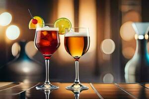 två glasögon av alkohol med en dryck på de tabell. ai-genererad foto