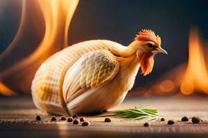 en kyckling med en brand i de bakgrund. ai-genererad foto