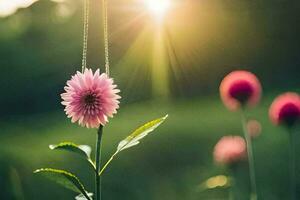 rosa blomma med halsband i de Sol. ai-genererad foto