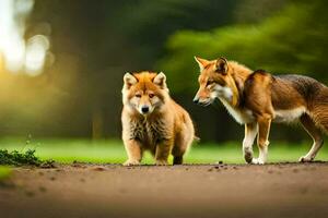 två brun hundar gående på en smuts väg. ai-genererad foto