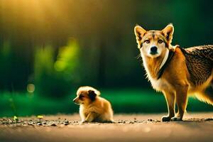 en hund och en valp är stående på de väg. ai-genererad foto