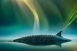 en fisk flytande i de vatten med en grön ljus. ai-genererad foto