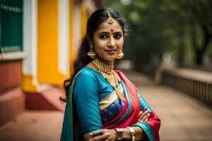 en kvinna i en färgrik sari poser för en porträtt. ai-genererad foto